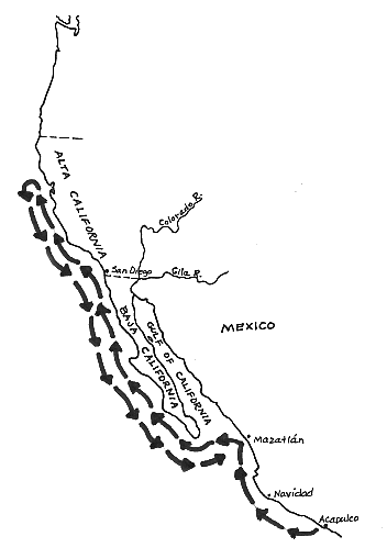 Mapa de la ruta d'exploració de Sebastián Vizcaíno, prèvia a la de Gaspar de Portolà.